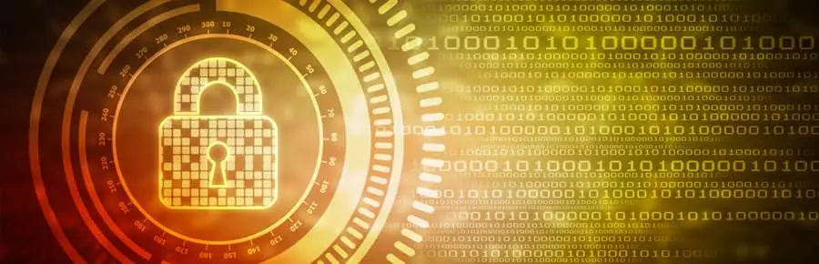 Digital padlock icon surrounded by a circular, high-tech interface symbolizing cybersecurity and data protection.